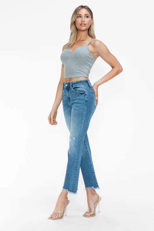 bytos Raw Hem Distressed Mid Rise Crop Jeans - Trendsi - Flyclothing LLC
