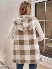 Fuzzy Plaid Hooded Vest Coat - Trendsi