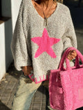 Star V-Neck Long Sleeve Oversize Sweater - Trendsi - Flyclothing LLC