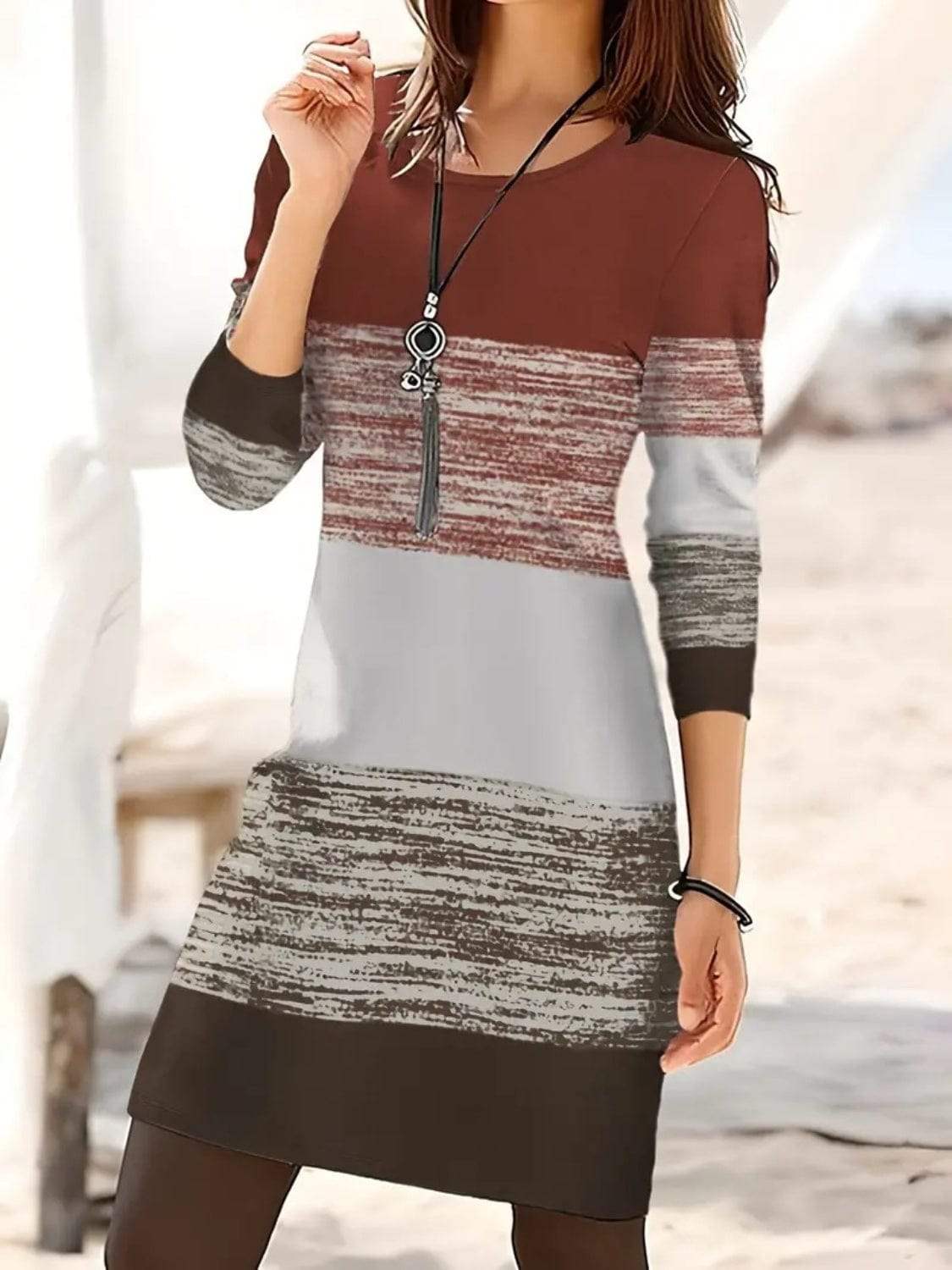 Color Block Round Neck Long Sleeve Dress - Trendsi - Flyclothing LLC