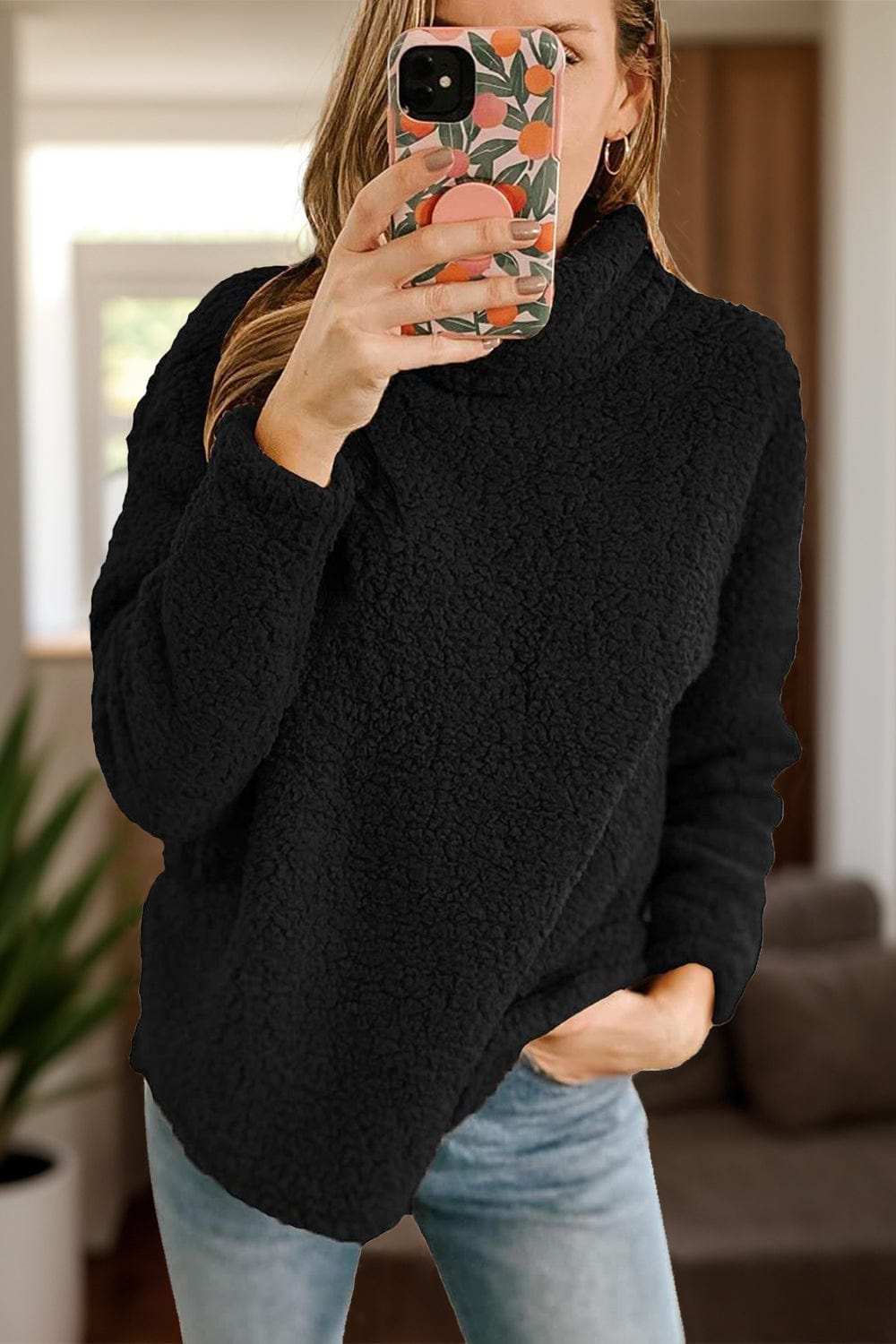 Fuzzy Turtleneck Long Sleeve Sweatshirt - Trendsi - Flyclothing LLC
