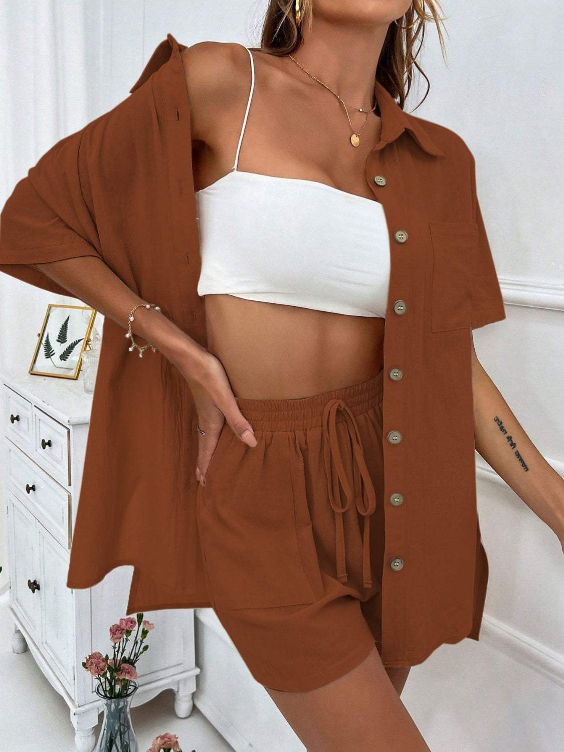 Button Up Half Sleeve Top and Shorts Set - Trendsi - Flyclothing LLC