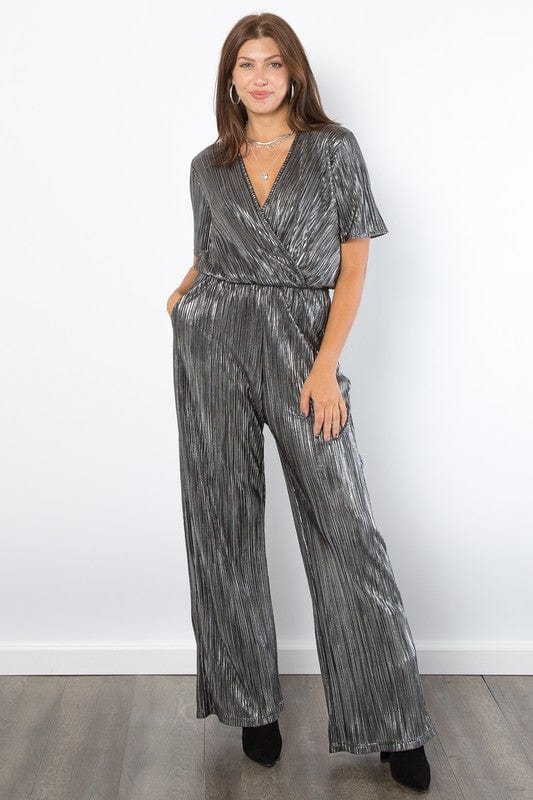 Be Stage Surplice Short Sleeve Pleated Foil Jumpsuit - Trendsi