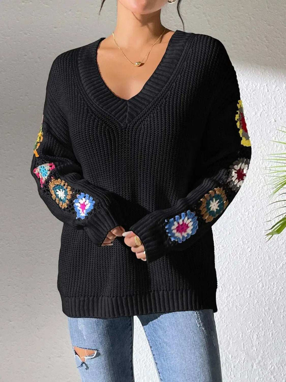 Crochet Flower V-Neck Sweater - Trendsi - Flyclothing LLC