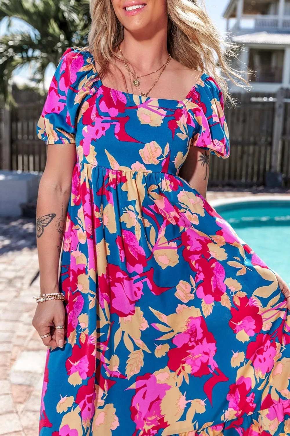 Printed Square Neck Short Sleeve Midi Dress - Trendsi - Flyclothing LLC