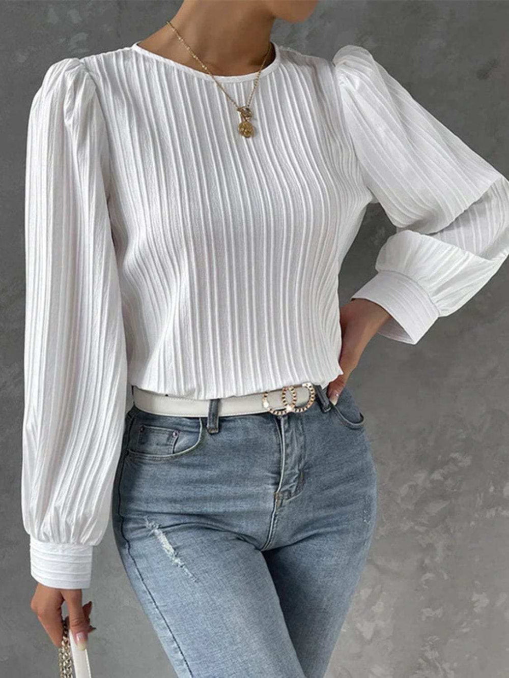 Round Neck Long Sleeve Blouse - Trendsi - Flyclothing LLC