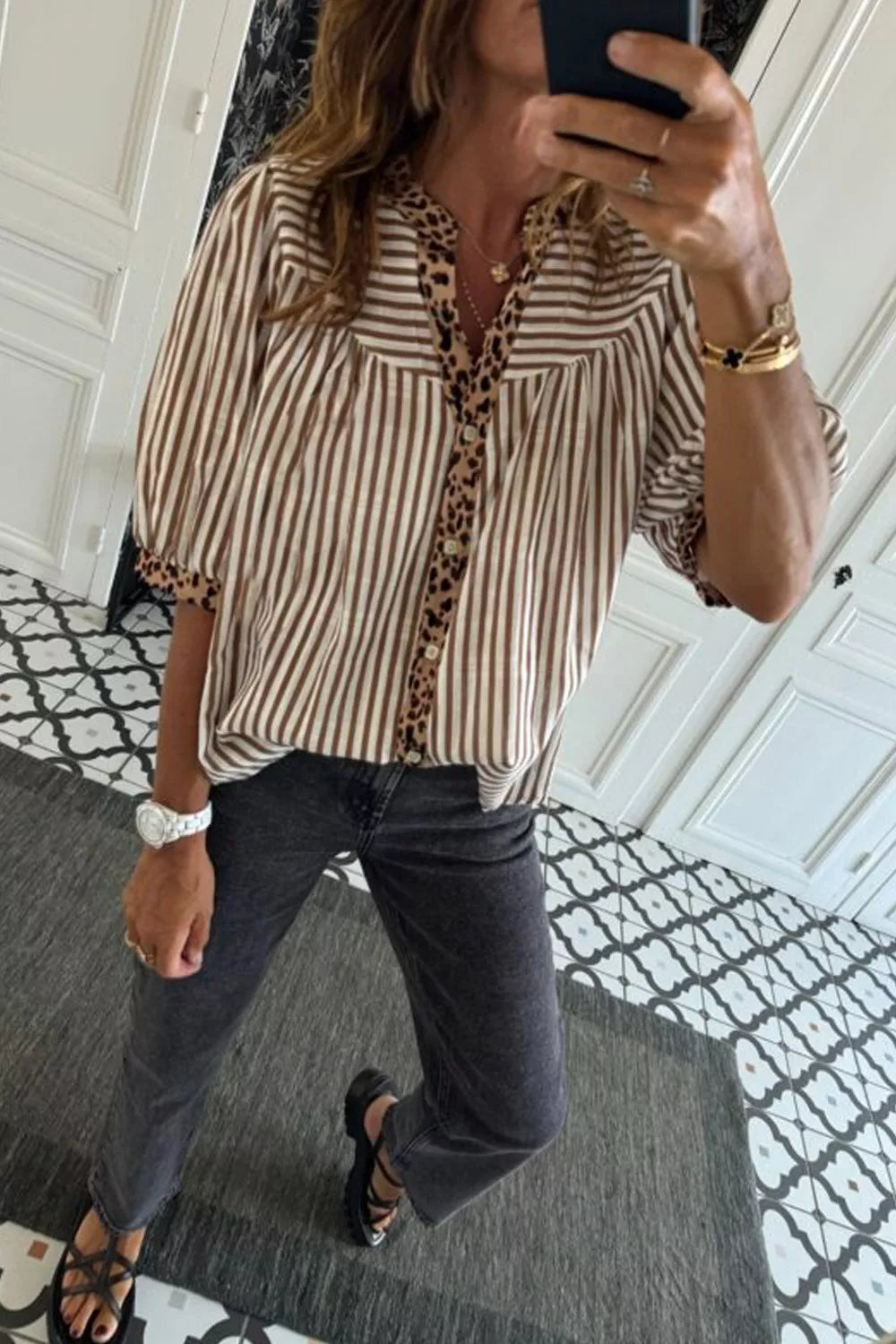 Striped Leopard Trim Button-Down Shirt - Trendsi - Flyclothing LLC
