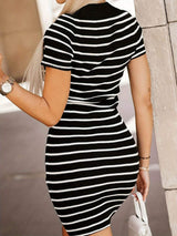 Full Size Striped Johnny Collar Short Sleeve Dress - Trendsi - Flyclothing LLC