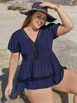 Plus Size Peplum V-Neck Short Sleeve Blouse - Trendsi - Flyclothing LLC