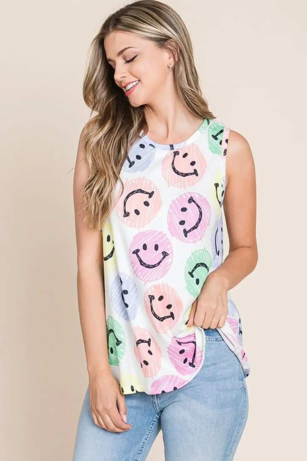 BOMBOM Smiley Face Round Neck Tank - Trendsi - Flyclothing LLC