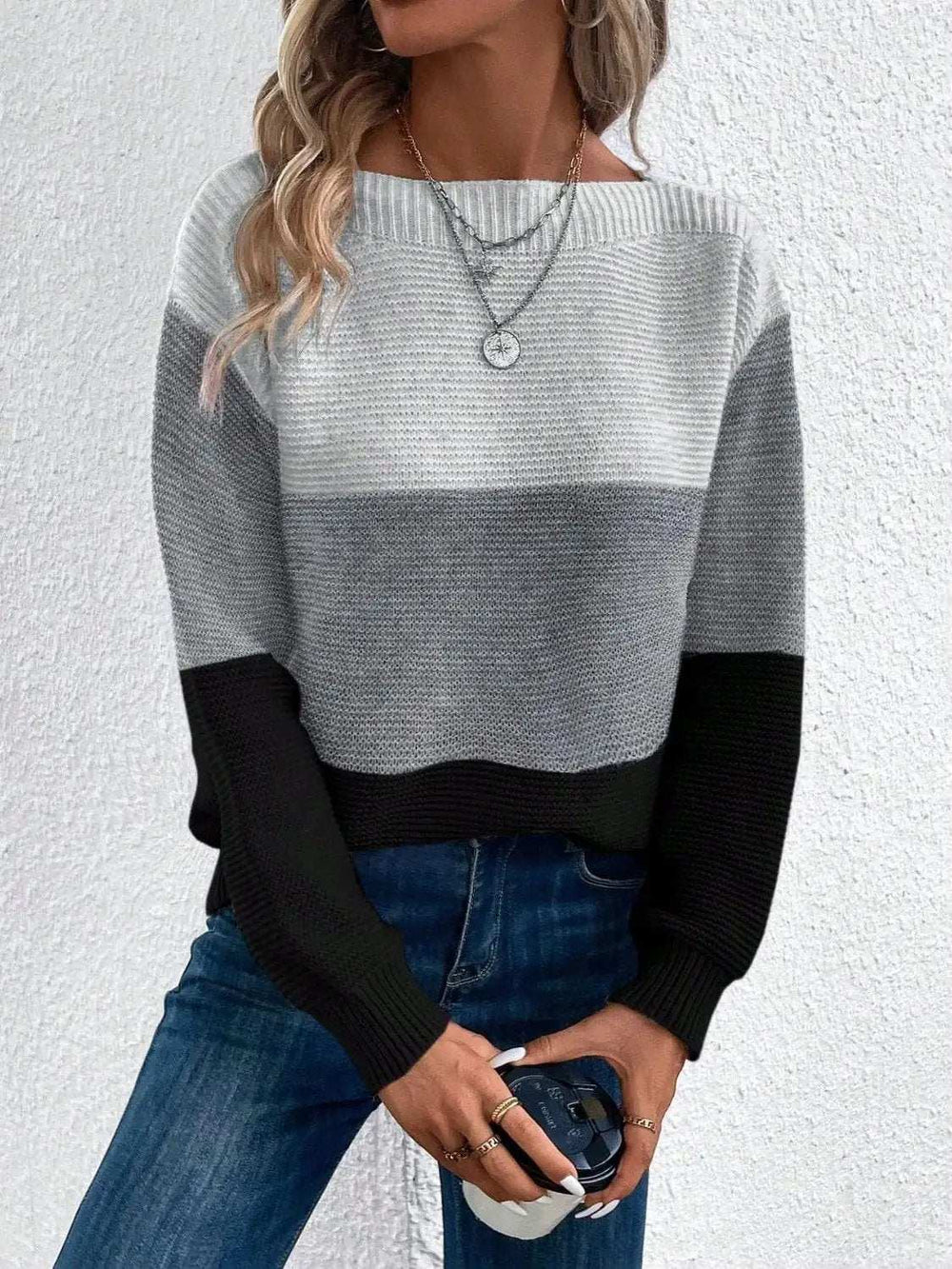 Color Block Boat Neck Sweater - Trendsi - Flyclothing LLC