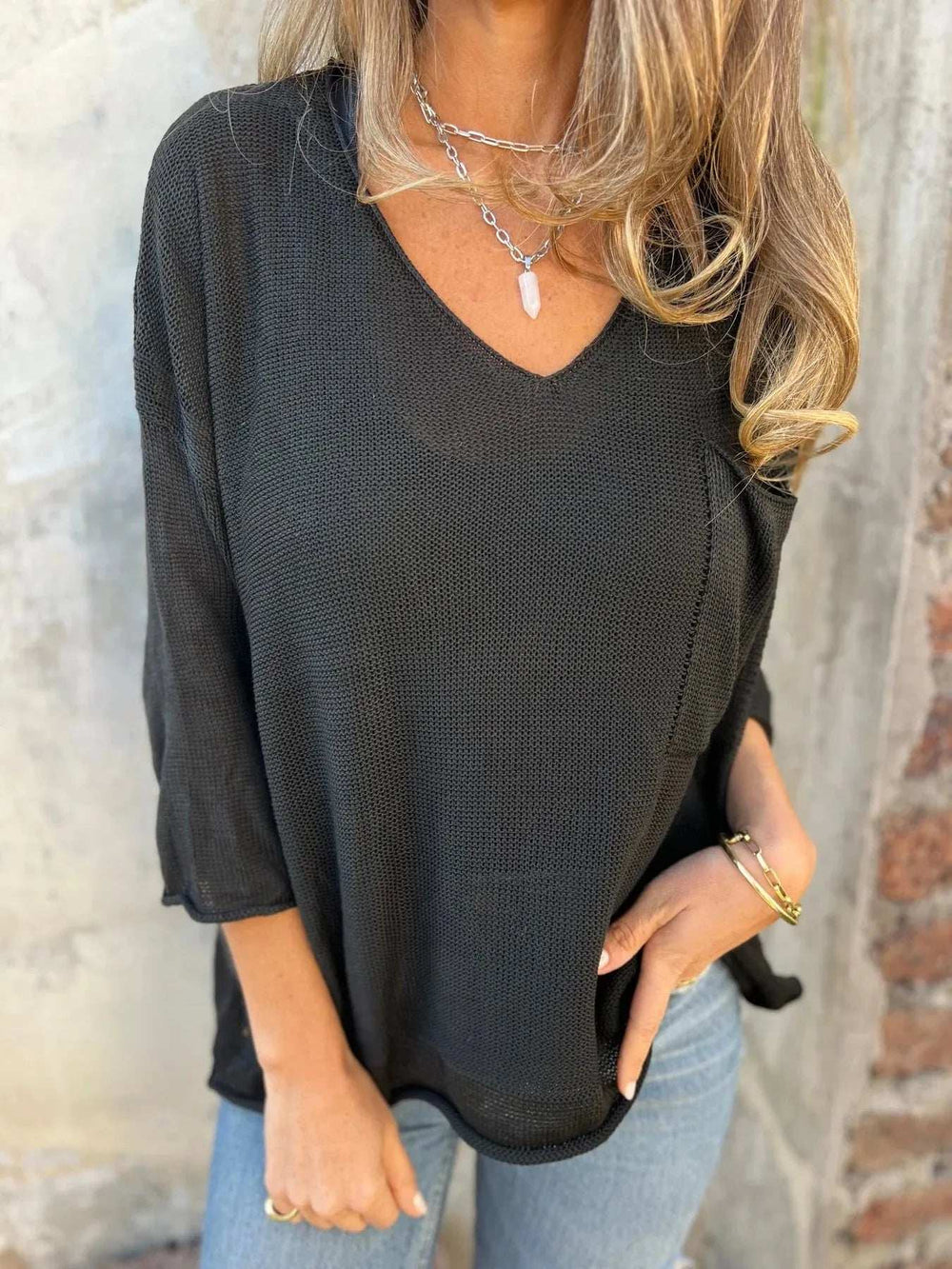Full Size Casual V-Neck Knit Sweater Plus Size - Trendsi - Flyclothing LLC