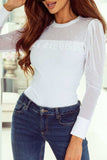 Pearl Decor Mesh Patchwork Ribbed Long Sleeve Top - Trendsi - Flyclothing LLC