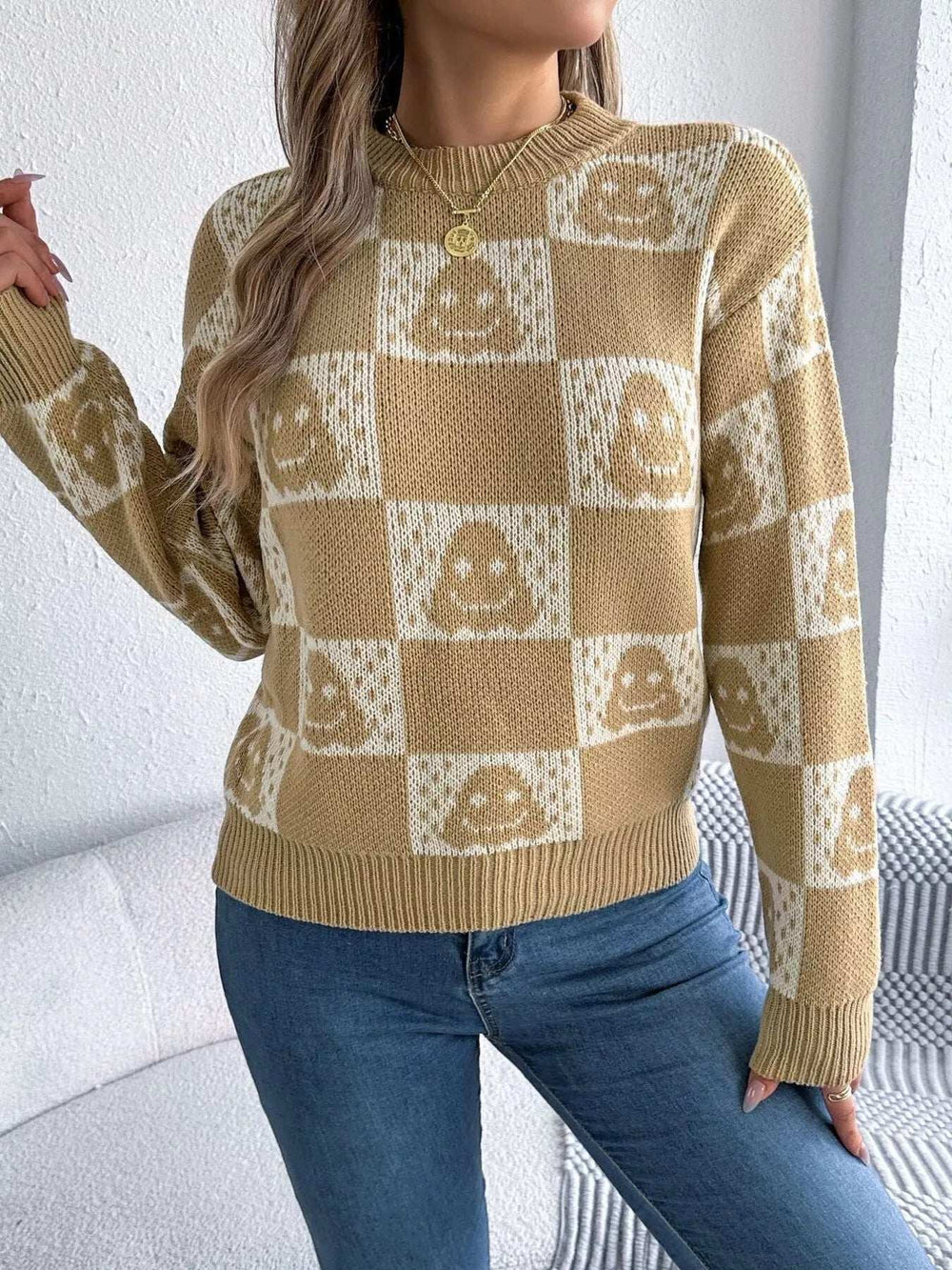 Halloween Ghost Pattern Checkered Round Neck Sweater - Trendsi - Flyclothing LLC
