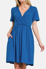 Zenana Surplice Short Sleeve Brushed DTY Dress - Trendsi - Flyclothing LLC
