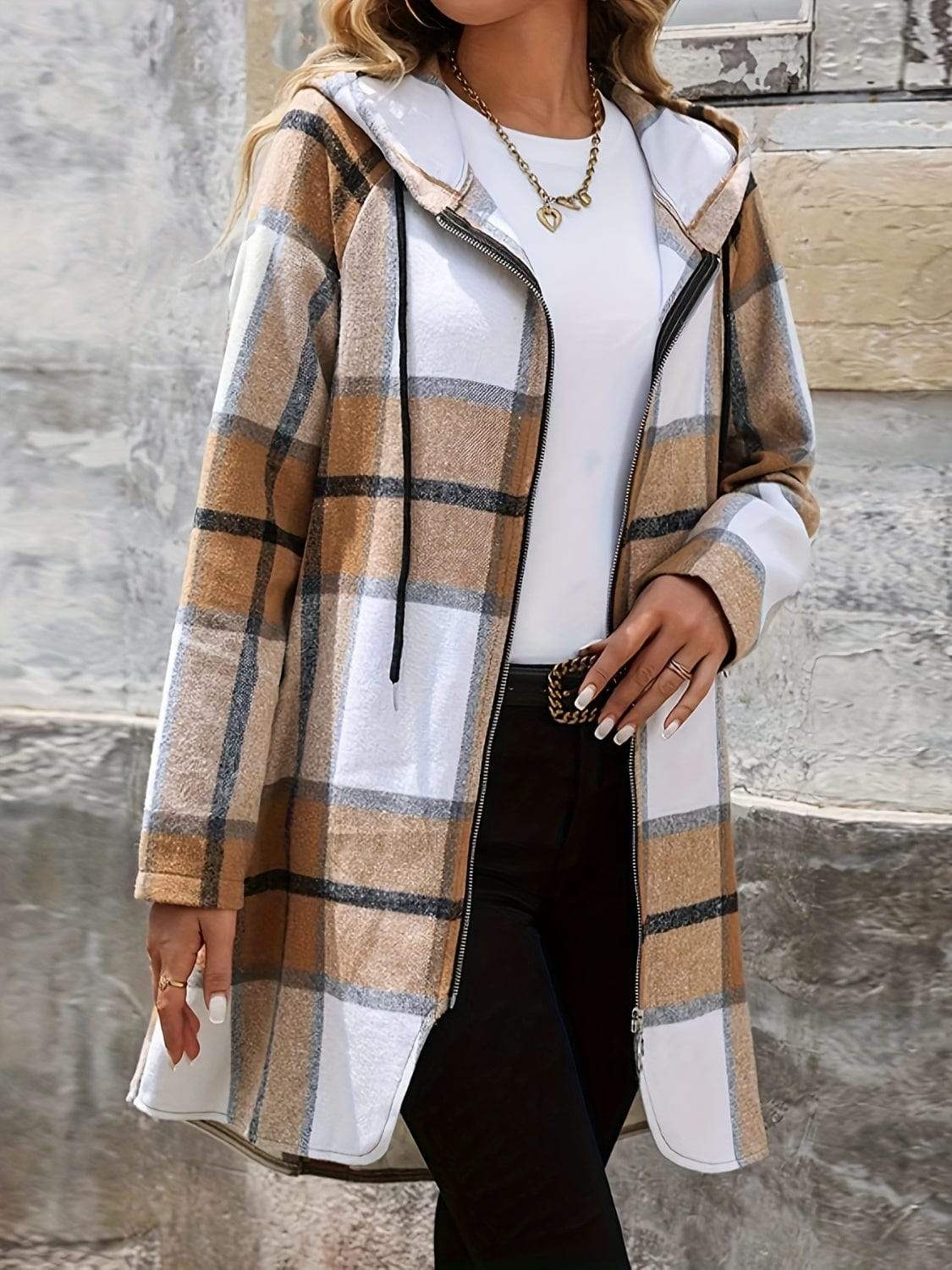 Drawstring Plaid Zip Up Hooded Outerwear - Trendsi - Flyclothing LLC