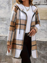 Drawstring Plaid Zip Up Hooded Outerwear - Trendsi - Flyclothing LLC