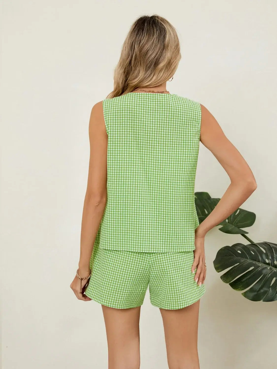 Plaid V-Neck Sleeveless Top and Shorts Set - Trendsi - Flyclothing LLC