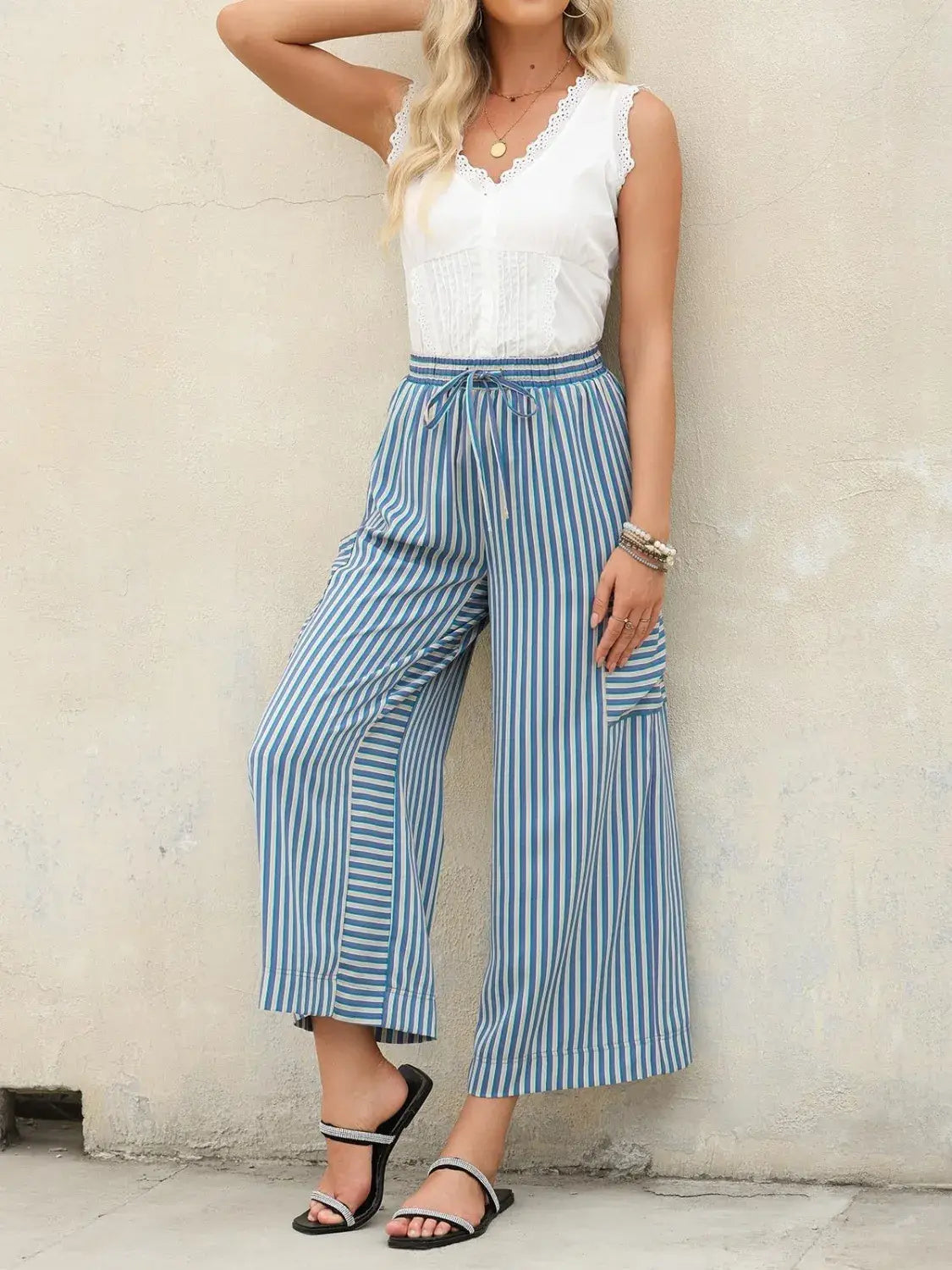 Contrast Striped Wide leg Pants - Trendsi - Flyclothing LLC