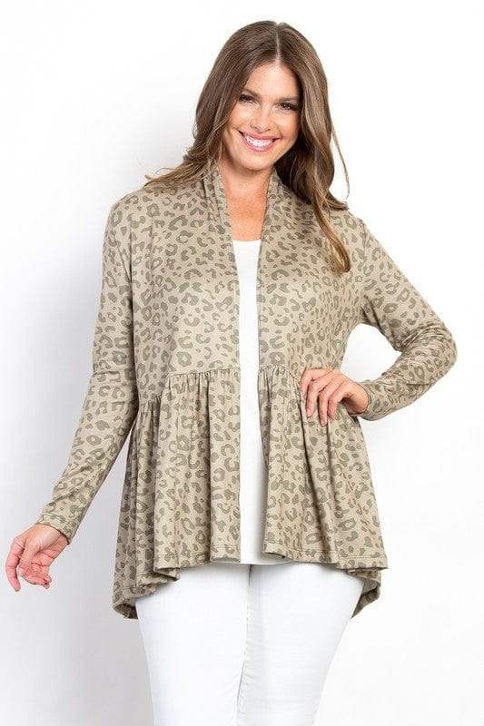 Be Stage Full Size Peplum Leopard Open Front Long Sleeve Cardigan - Trendsi - Flyclothing LLC