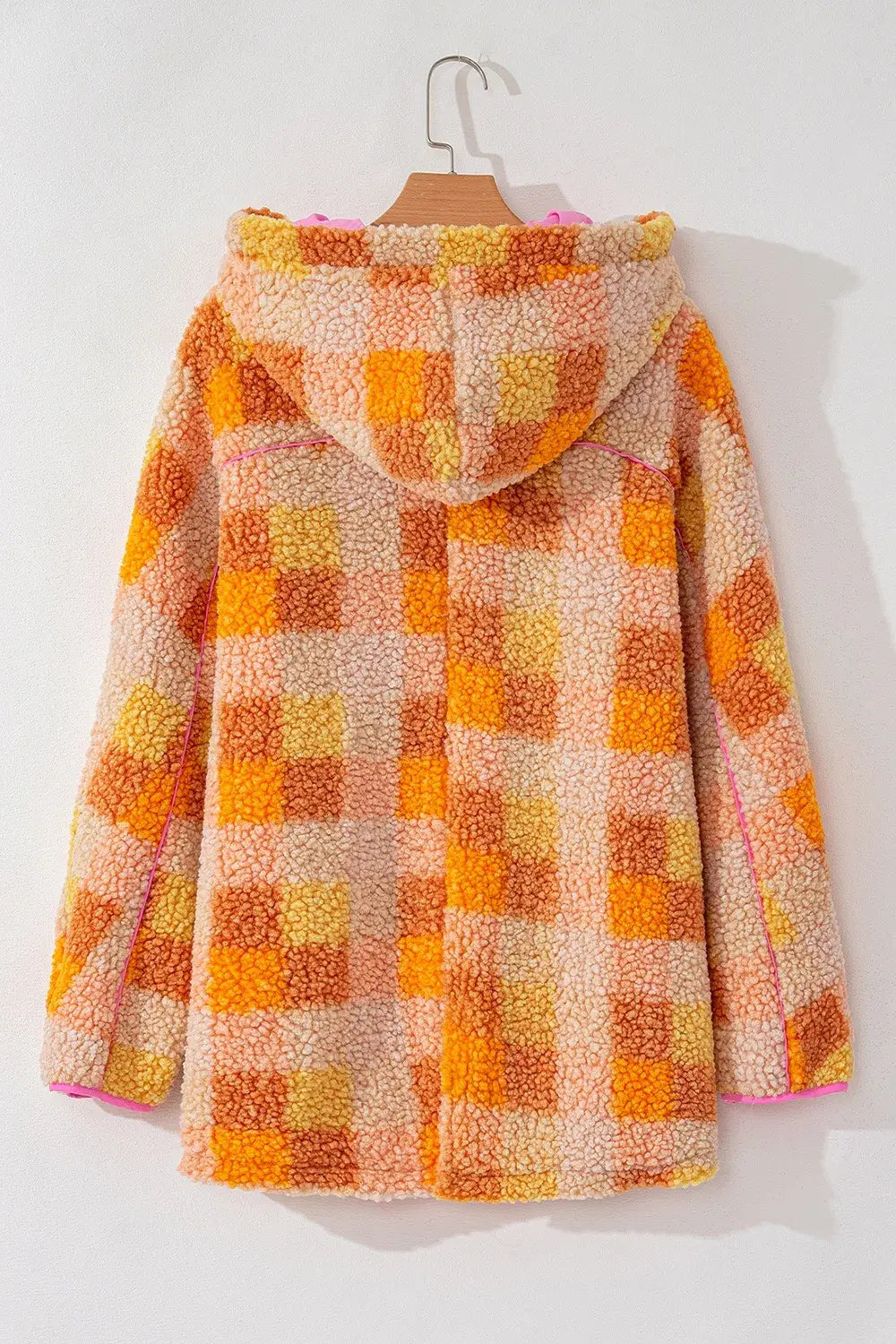 Checkered Long Sleeve Sherpa Hooded Jacket - Trendsi - Flyclothing LLC