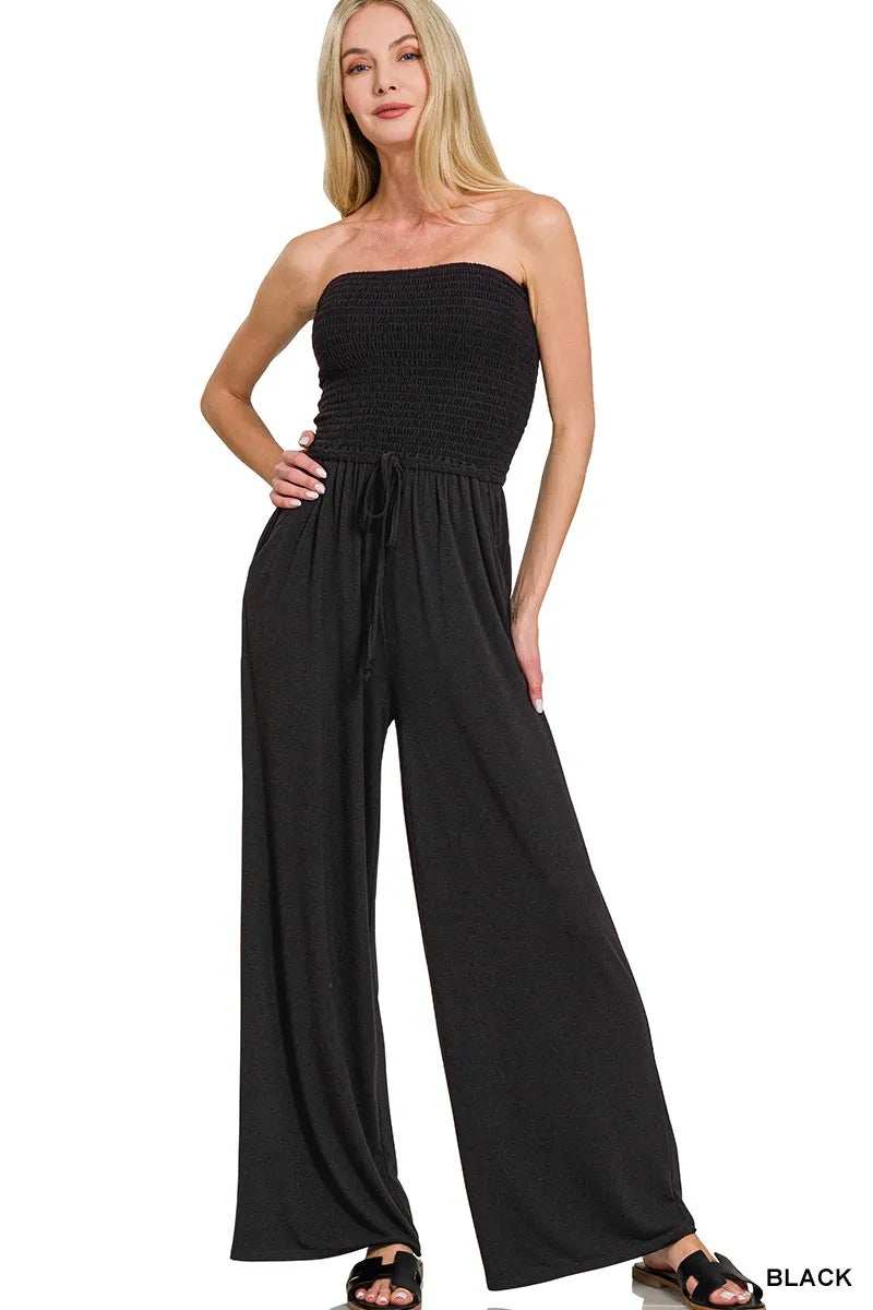 Zenana Strapless Wide Leg Smocked Jumpsuit - Trendsi - Flyclothing LLC