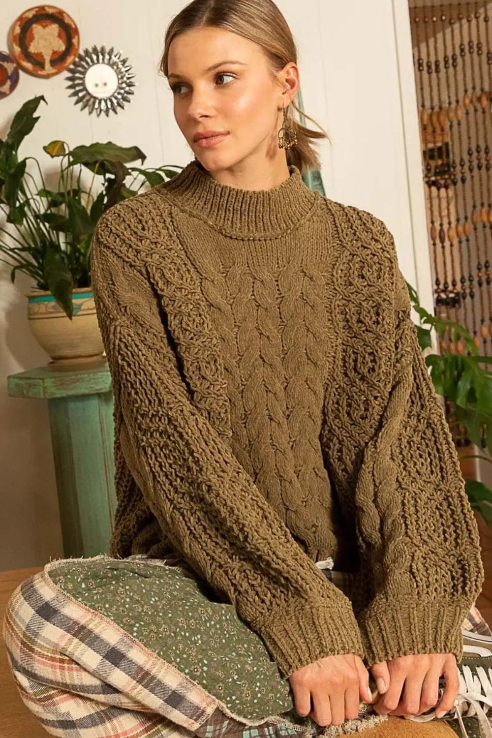 POL Mock Neck Cable Knit Sweater - Trendsi