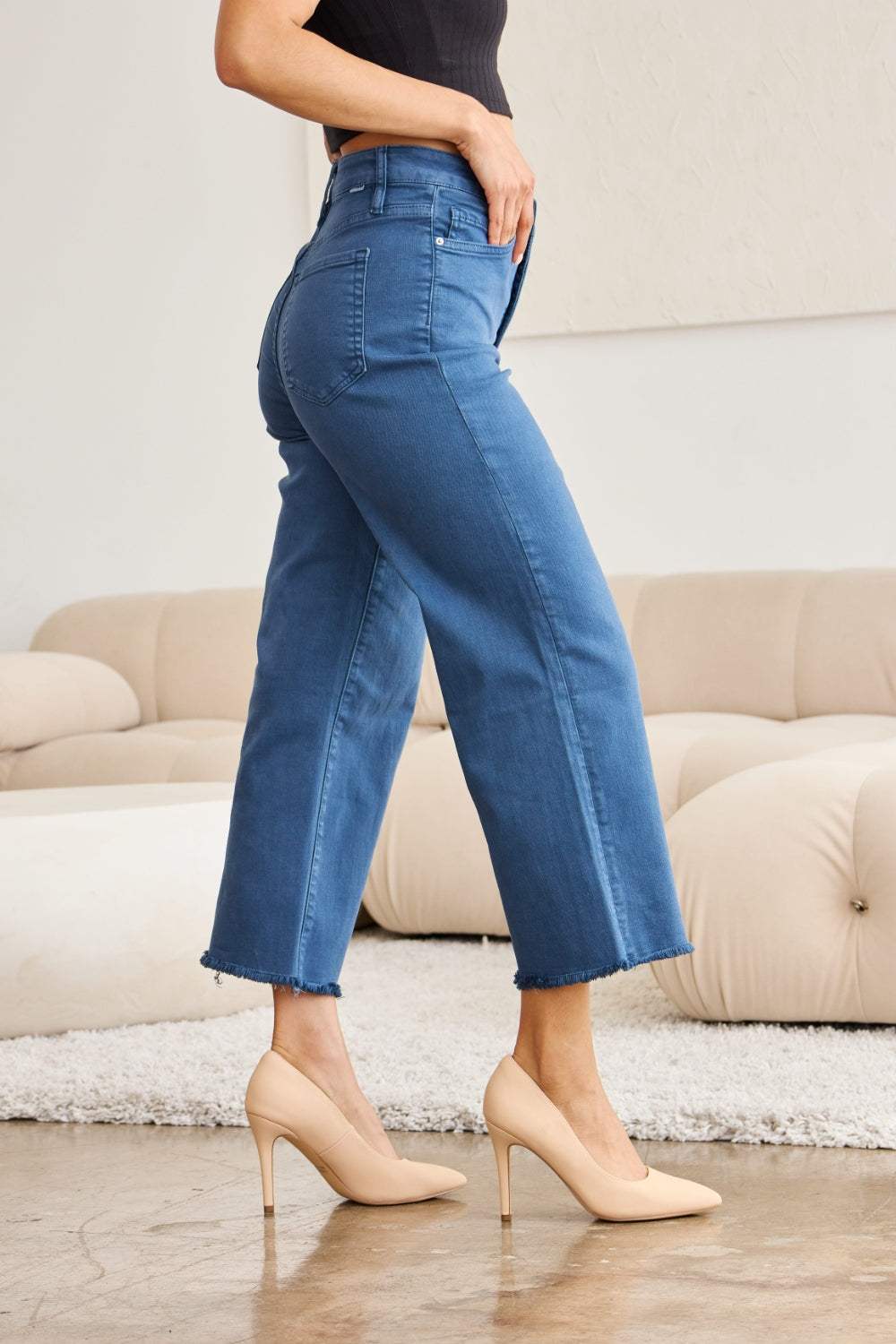 RFM Crop Chloe Full Size Tummy Control High Waist Raw Hem Jeans - Trendsi - Flyclothing LLC