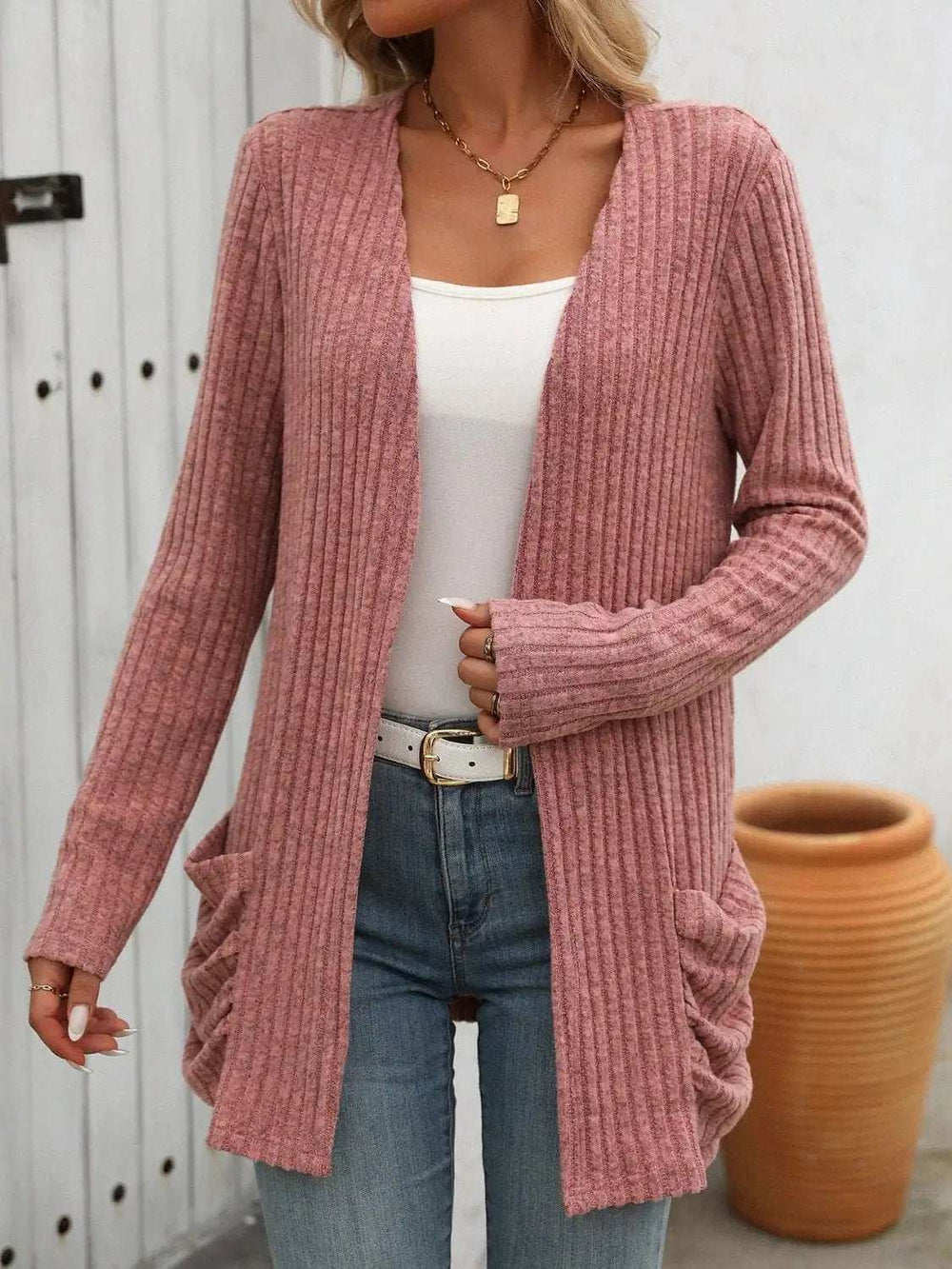 Open Front Long Sleeve Ribbed Cardigan - Trendsi - Flyclothing LLC