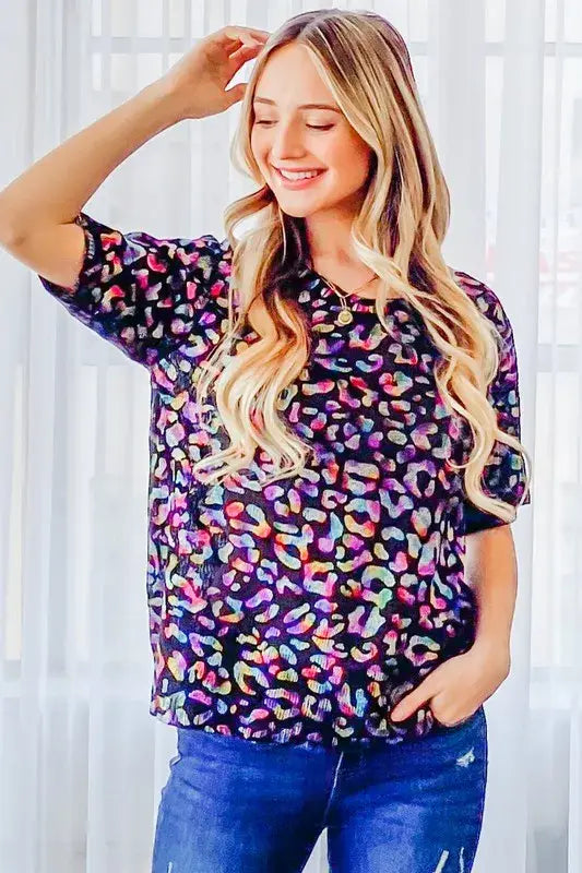 And The Why Leopard Foil Printed Half Sleeve Summer Sweater - Trendsi - Flyclothing LLC