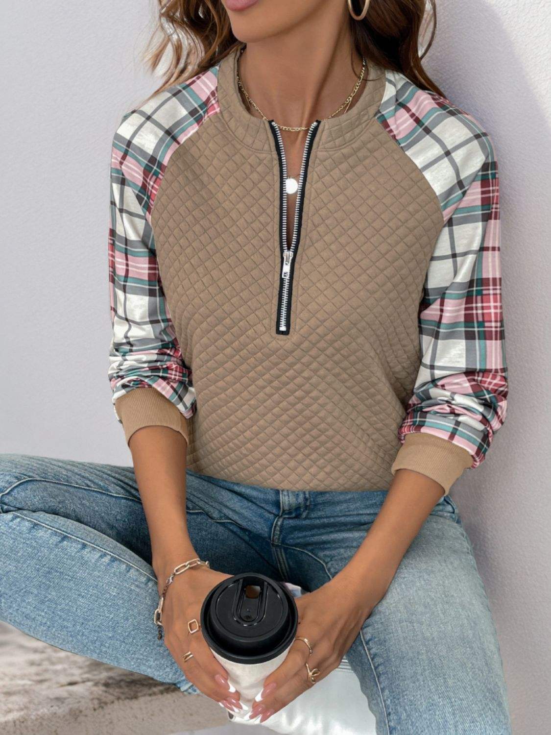 Perfee Plaid Half Zip Long Sleeve Texture Sweatshirt - Trendsi - Flyclothing LLC