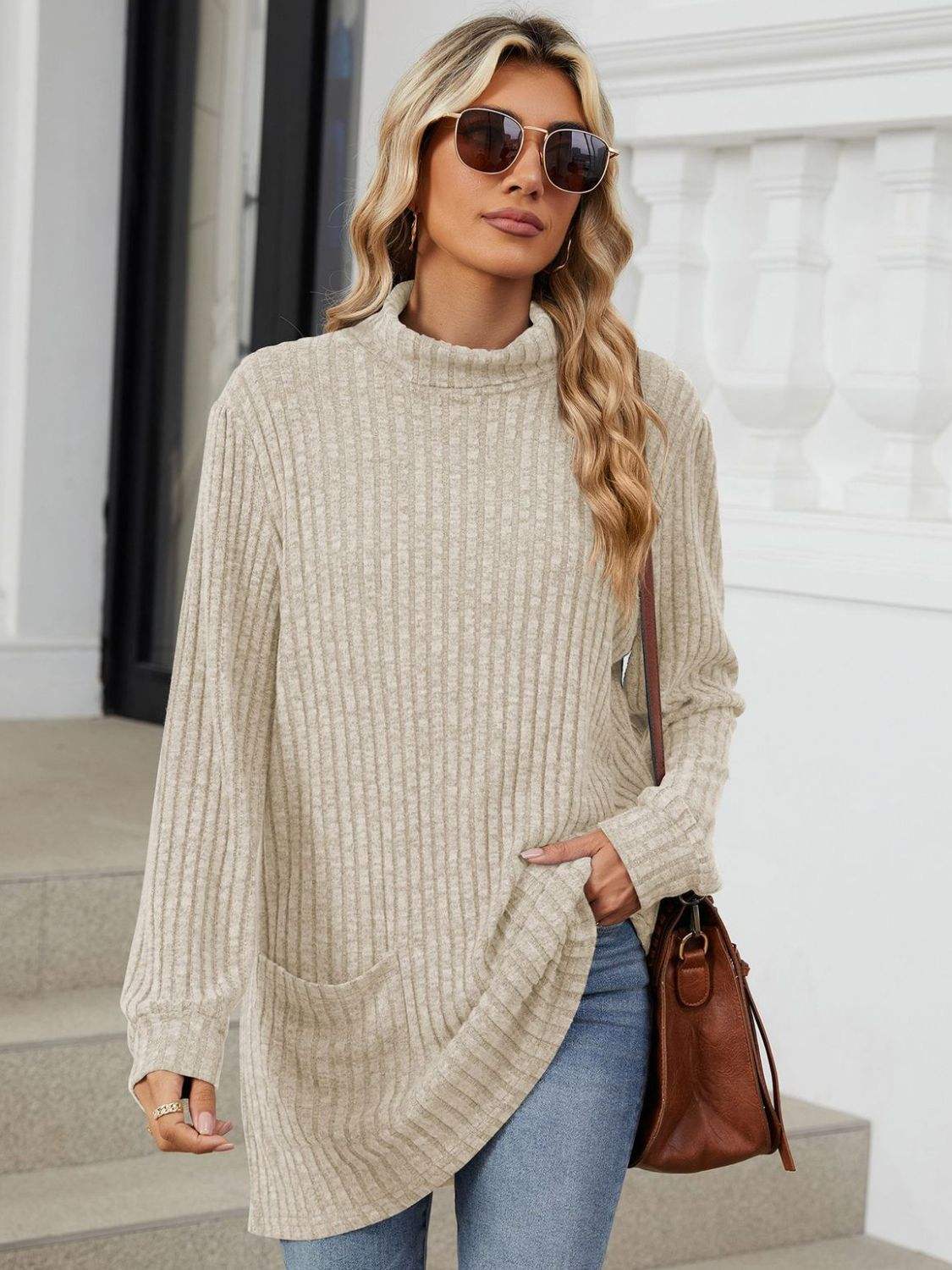 Ribbed Mock Neck Long Sleeve T-Shirt - Trendsi - Flyclothing LLC