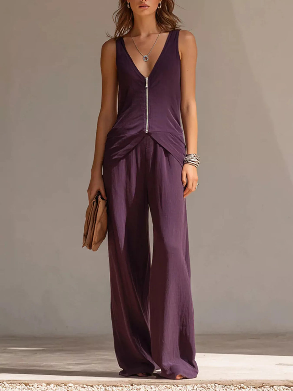 Full Size Zipper Front Tank and Wide-Leg Pants Set Plus Size - Trendsi - Flyclothing LLC