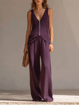 Full Size Zipper Front Tank and Wide-Leg Pants Set Plus Size - Trendsi - Flyclothing LLC