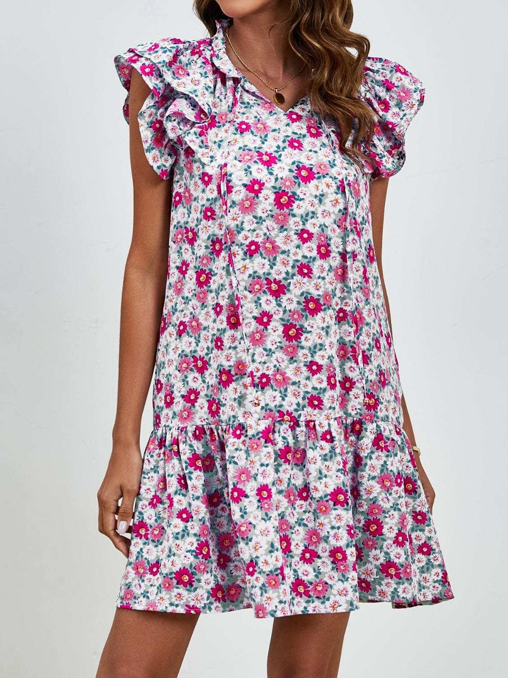 Tied Floral Cap Sleeve Mini Dress - Trendsi - Flyclothing LLC