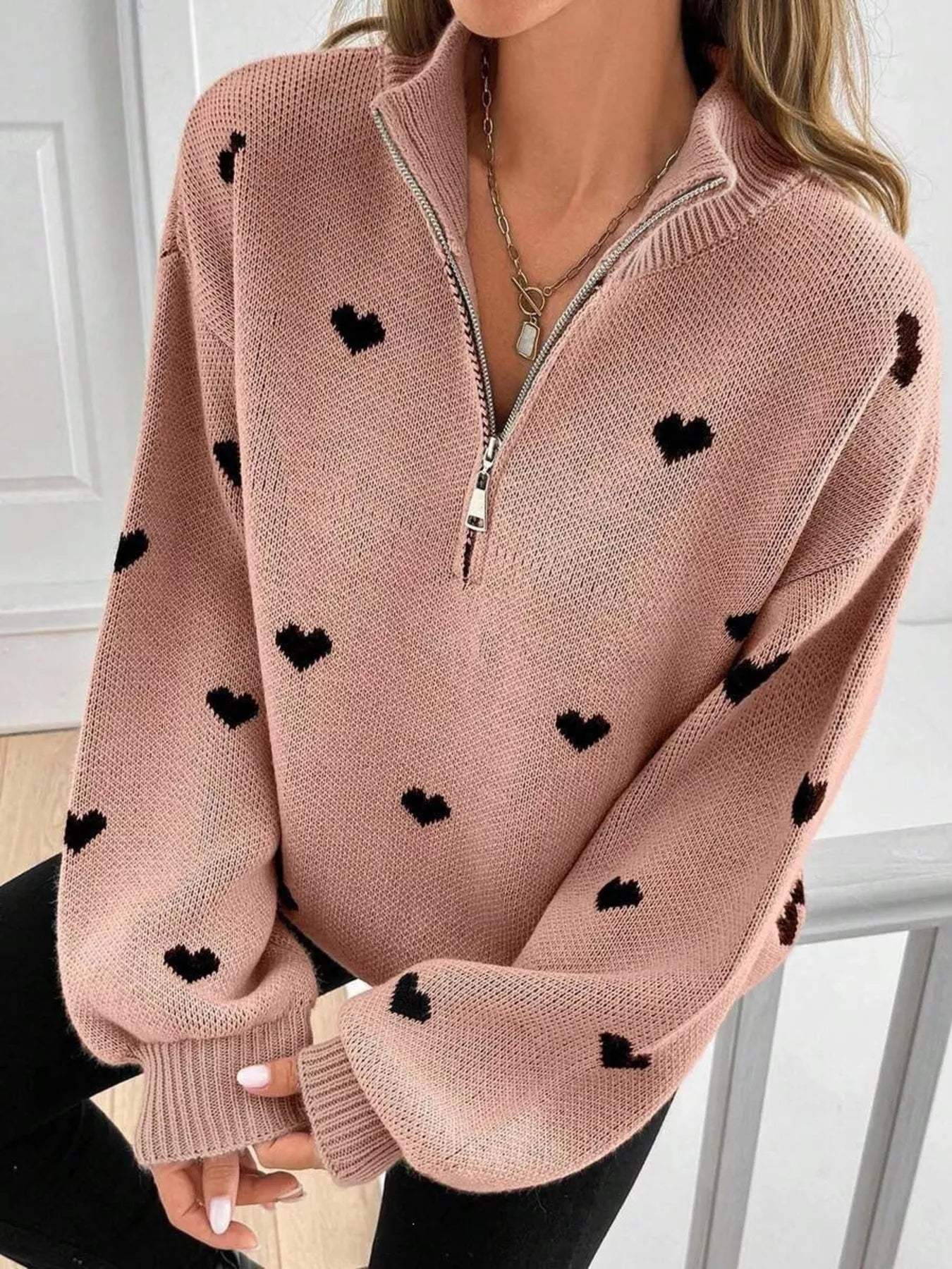 Full Size Heart Half-Zip Long Sleeve Sweater Plus Size - Trendsi - Flyclothing LLC