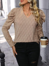 Textured V-Neck Long Sleeve Top - Trendsi - Flyclothing LLC