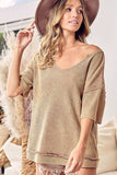 BiBi Washed Notched Short Sleeve Top - Trendsi - Flyclothing LLC