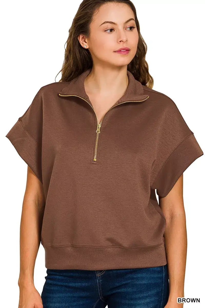 Zenana Full Size Scuba High Neck Half Zip Short Sleeve Top Plus Size - Trendsi - Flyclothing LLC