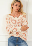 Distressed Trim Leopard V-Neck Sweater - Trendsi