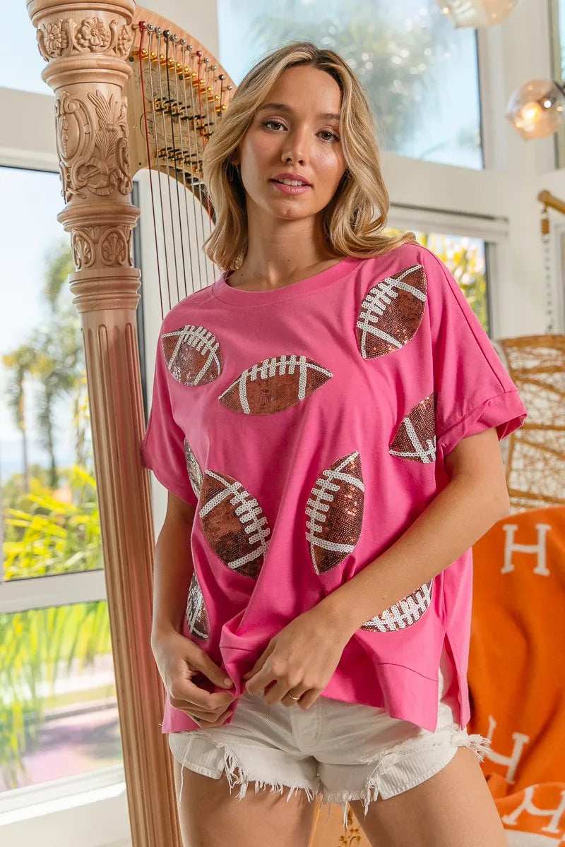 BiBi Game Day Sequins Patched Half Sleeves Top - Trendsi - Flyclothing LLC