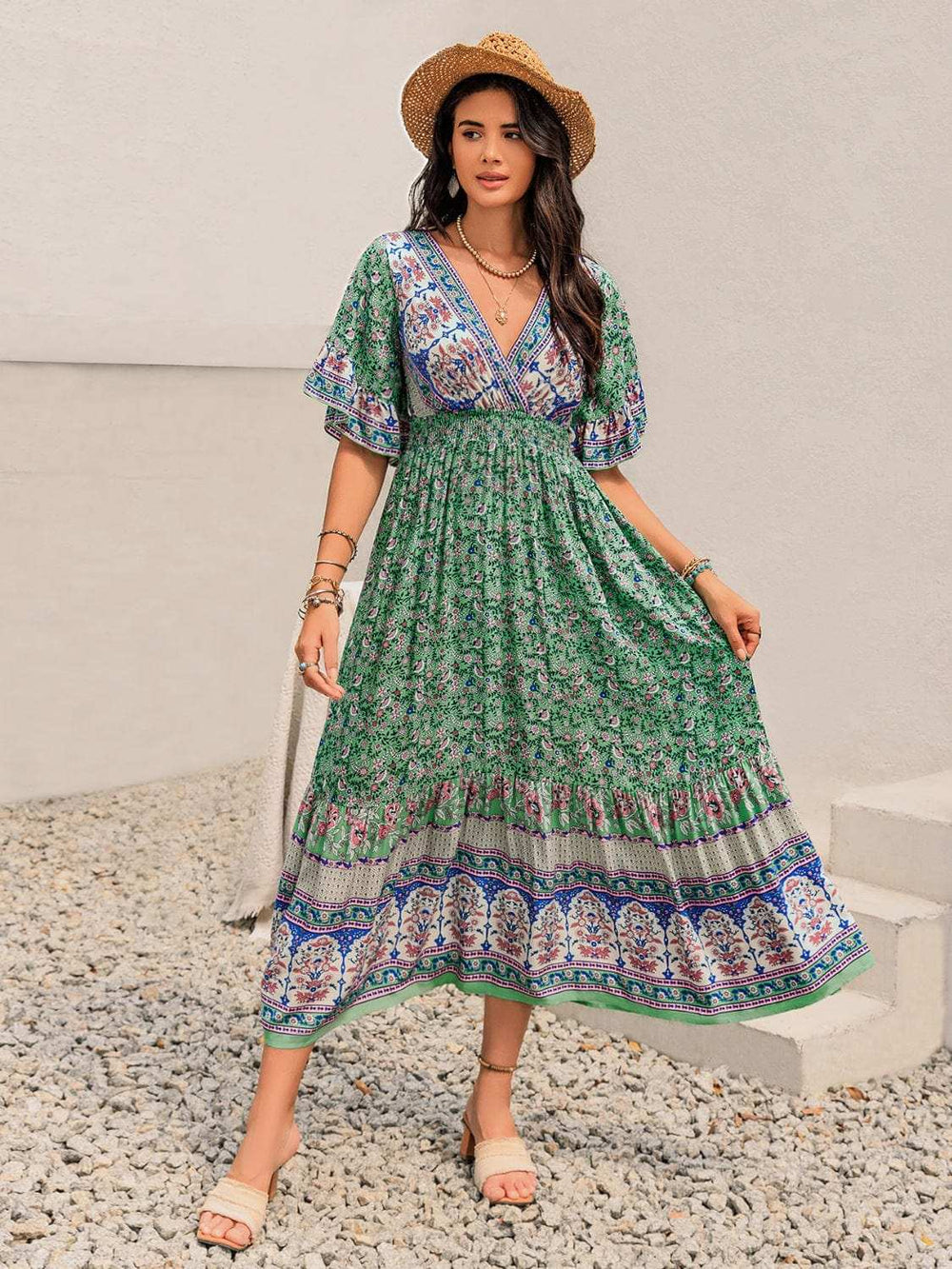 Ruched Printed Flounce Sleeve Midi Dress - Trendsi - Flyclothing LLC