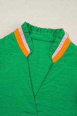 Contrast Trim Notched Short Sleeve Blouse - Trendsi - Flyclothing LLC