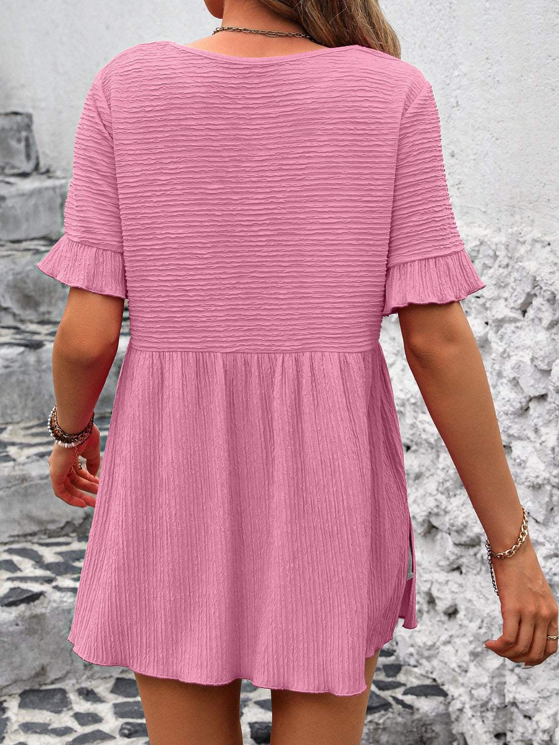 Round Neck Short Sleeve Blouse - Trendsi - Flyclothing LLC