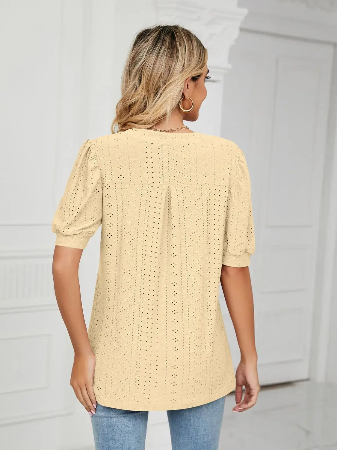 Florira Eyelet Notched Short Sleeve T-Shirt - Trendsi - Flyclothing LLC