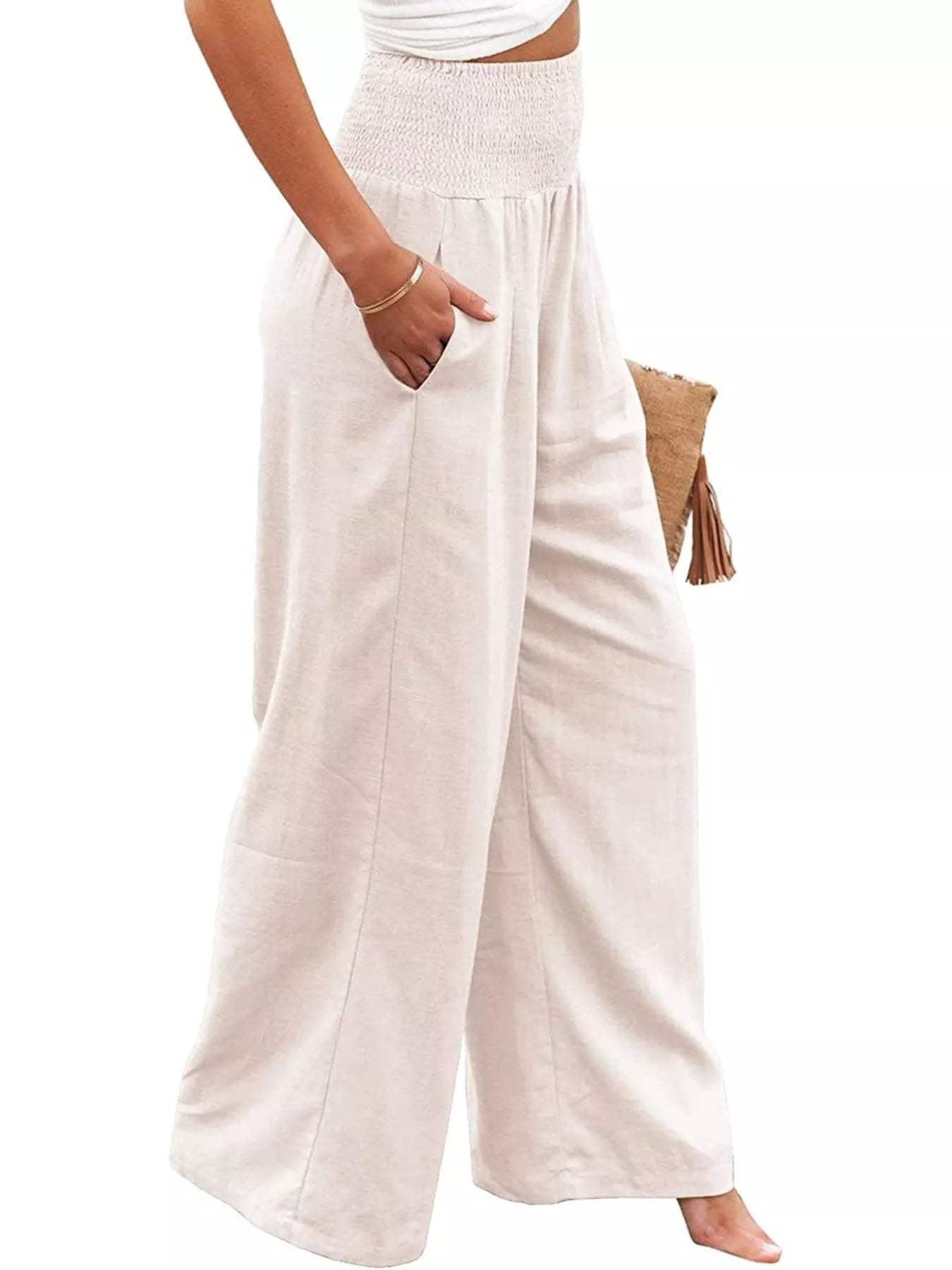 Smocked High Waisted Wide Leg Pants - Trendsi - Flyclothing LLC