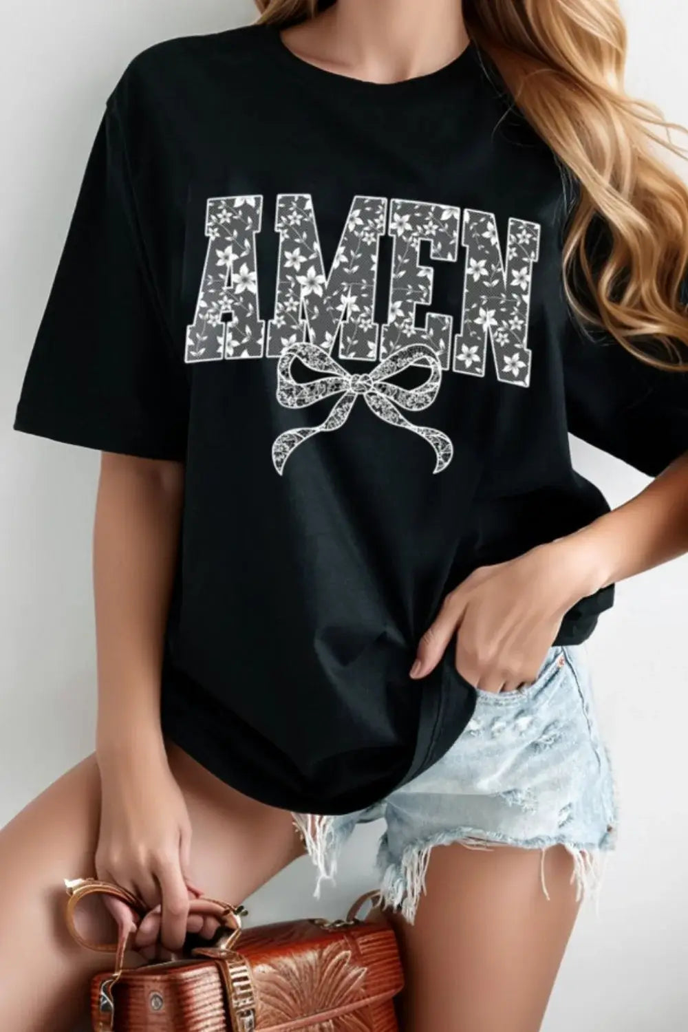 AMEN Bow Round Neck Short Sleeve T Shirt - Trendsi - Flyclothing LLC