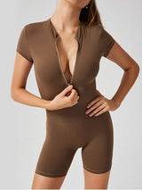 Half Zip Short Sleeve Active Romper - Trendsi - Flyclothing LLC