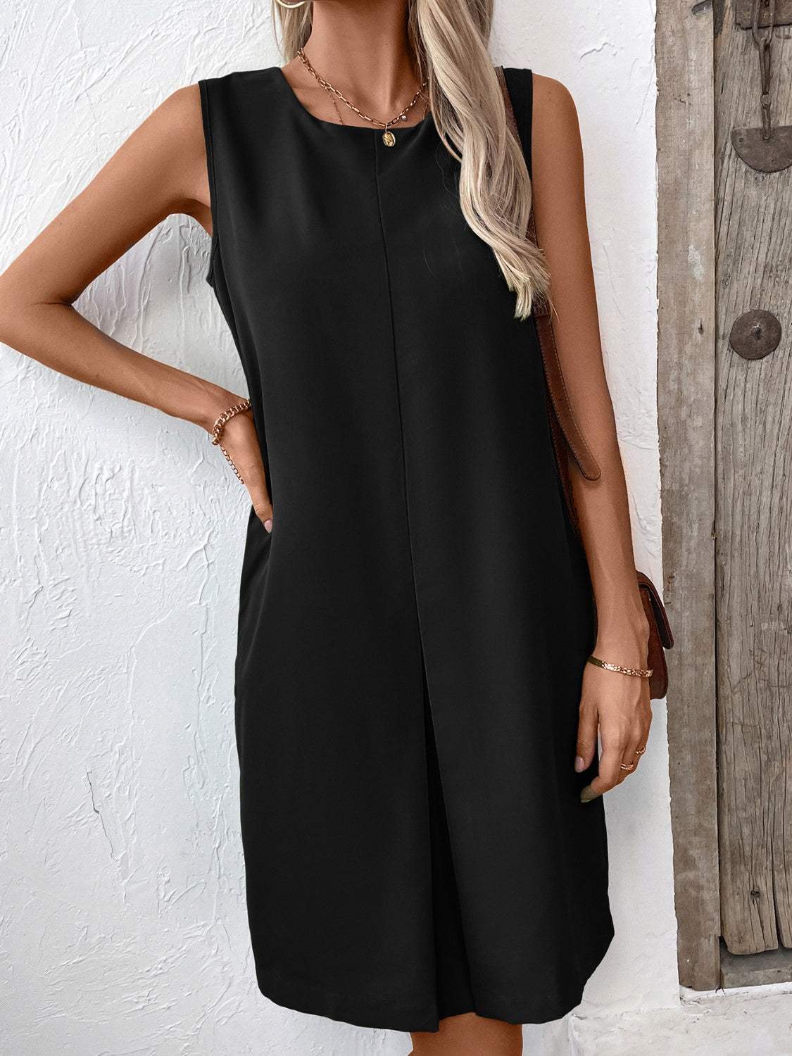 Pocketed Round Neck Sleeveless Mini Dress - Trendsi - Flyclothing LLC