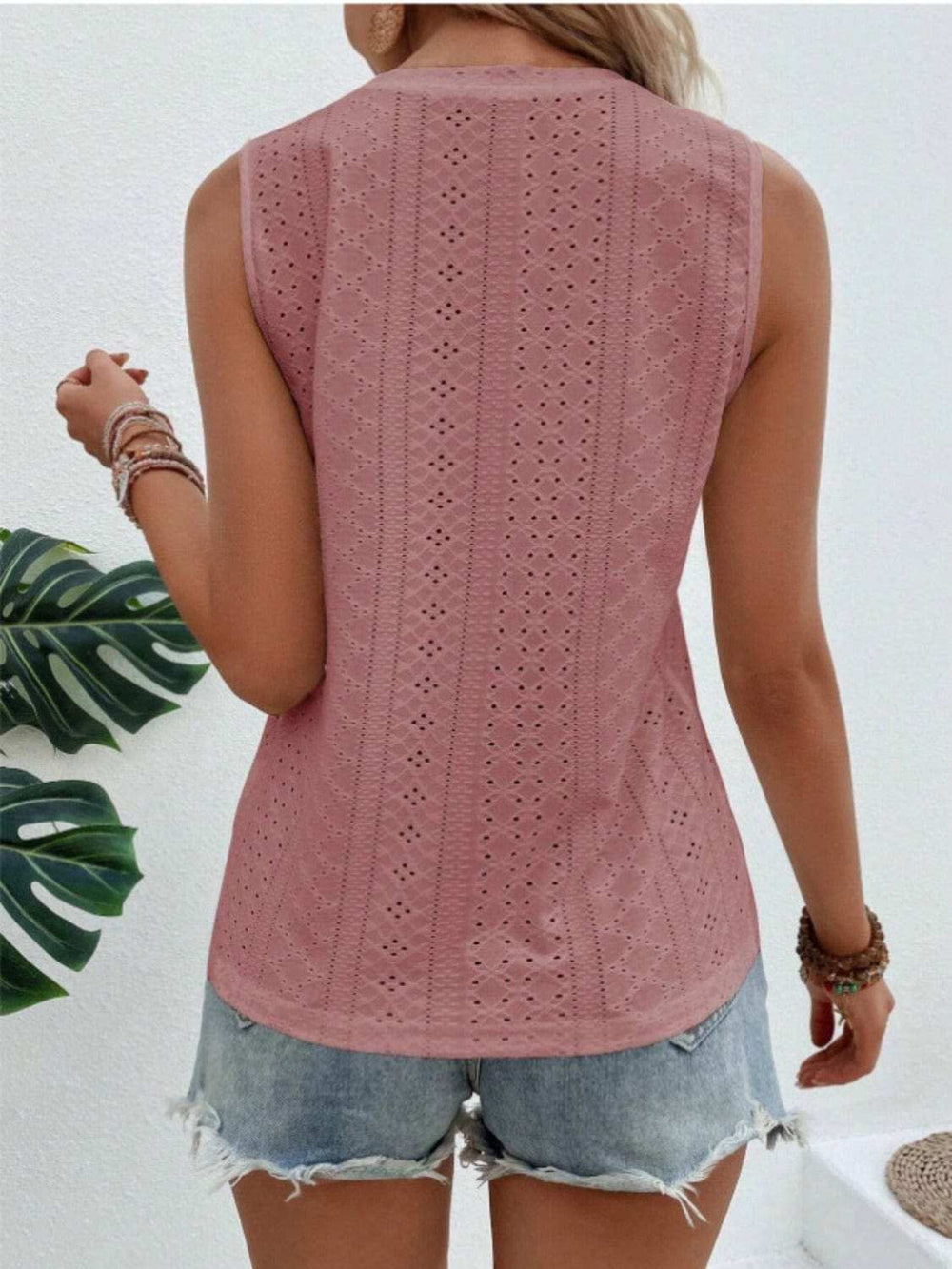 Eyelet Round Neck Tank - Trendsi - Flyclothing LLC